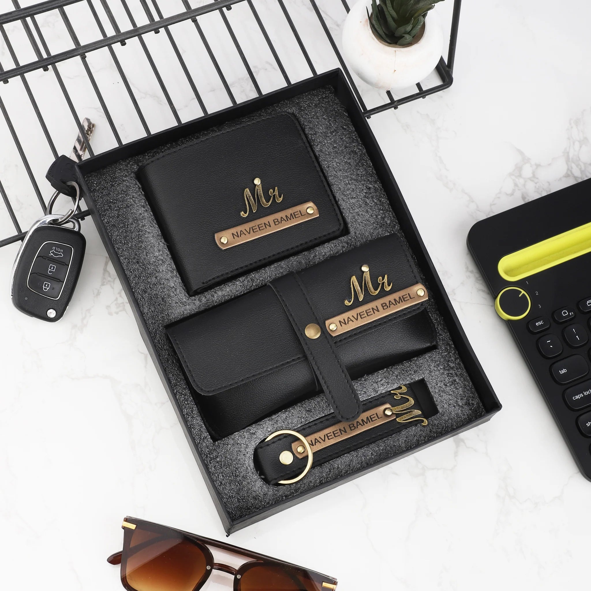 Personalized Men's Wallet, Keychain & Eyewear Case with Name & Charm